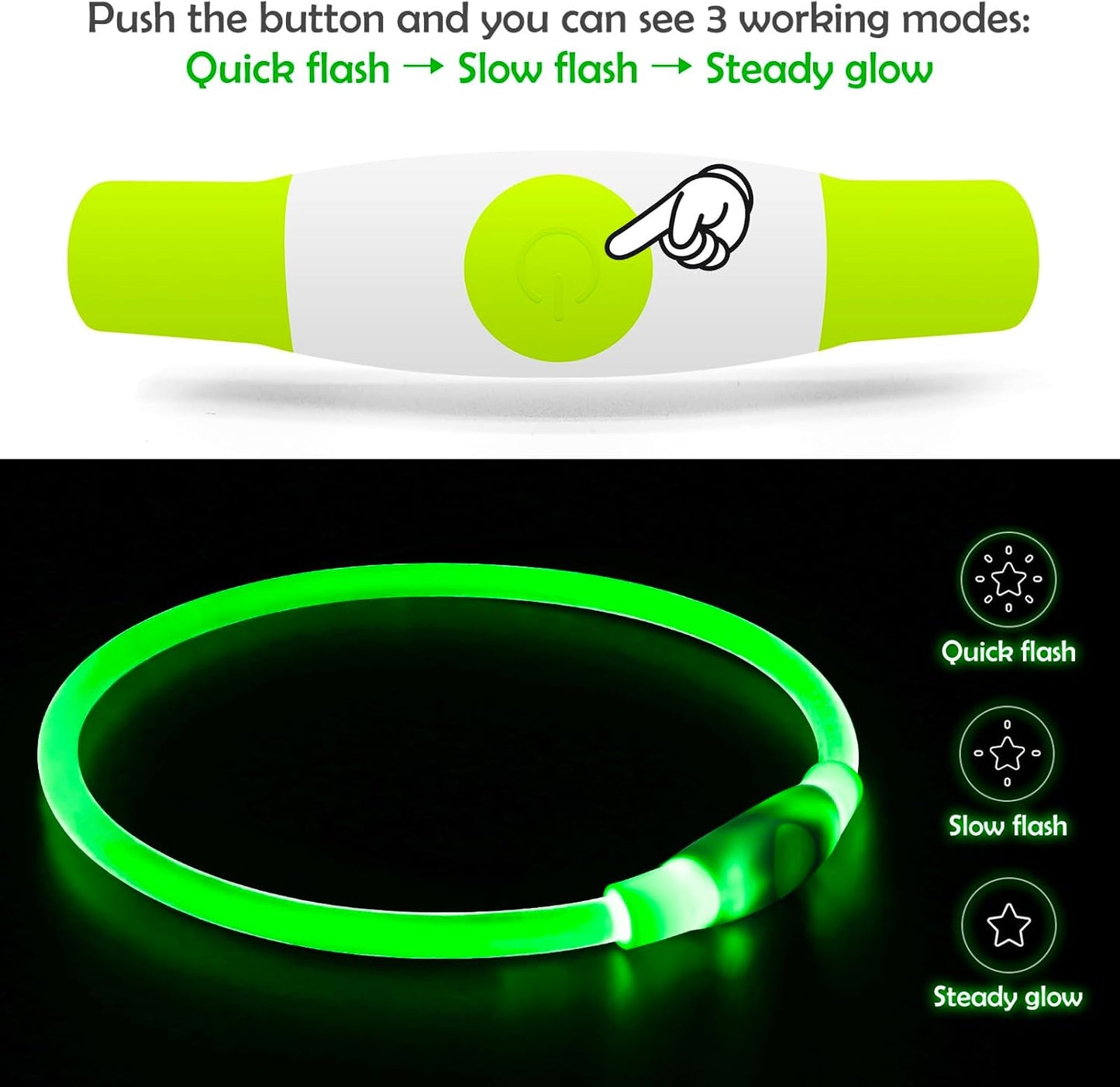 Led Dog Collar, USB Rechargeable Flash Dog Necklace Light, Pet Safety Collar Makes Your Beloved Dogs Be Seen at Night for Small Medium Large Dogs(Green)