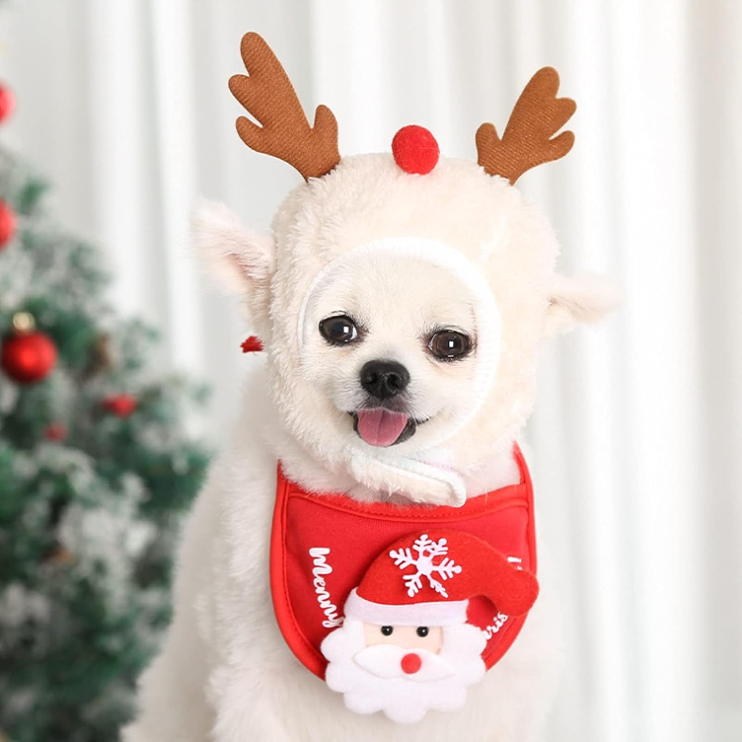 Christmas Dog Bandana Set with Hat Accessories for Small Medium Dogs Cats Pet Scarf Triangle Bibs Dog Christmas Costume Senta Elk Handkerchiefs Scarfs (L, Green+White)