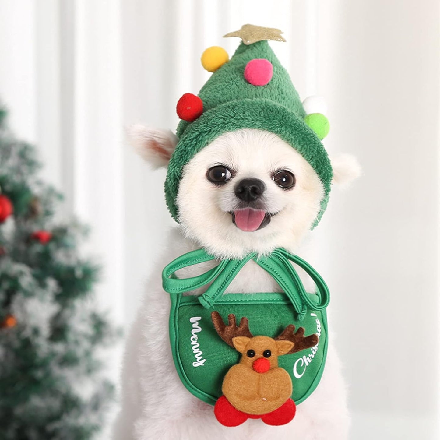 Christmas Dog Bandana Set with Hat Accessories for Small Medium Dogs Cats Pet Scarf Triangle Bibs Dog Christmas Costume Senta Elk Handkerchiefs Scarfs (L, Green+White)