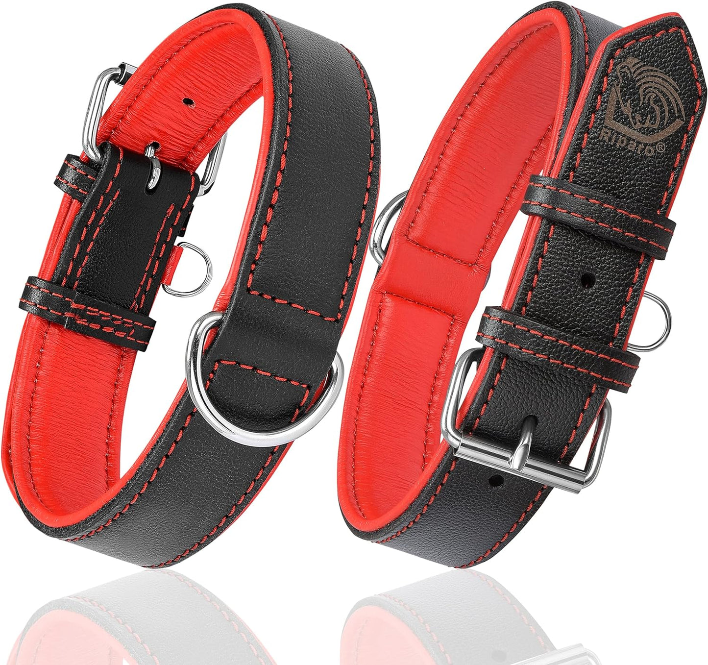 Riparo Adjustable Leather Dog Collar - Heavy Duty Wide Dog Collar for Small, Medium, Large and Extra Large Dogs with Dog Tag Holder (XXL: 2” Wide for 24”-29” Neck, Black/Red Thread)